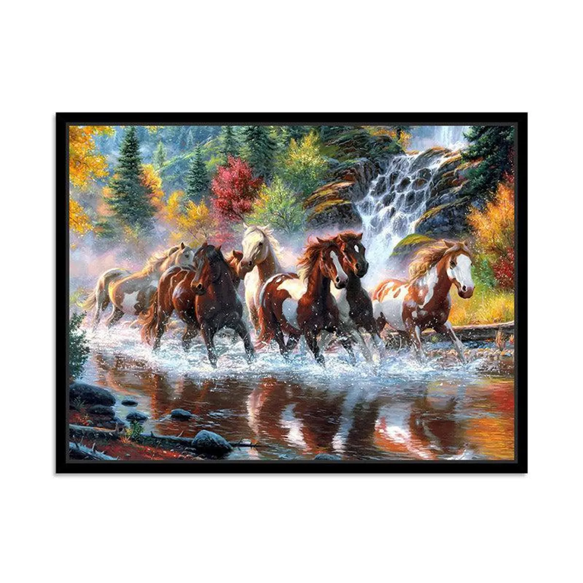 Rectangular framed artwork with wild horses, forest trees and a waterfall