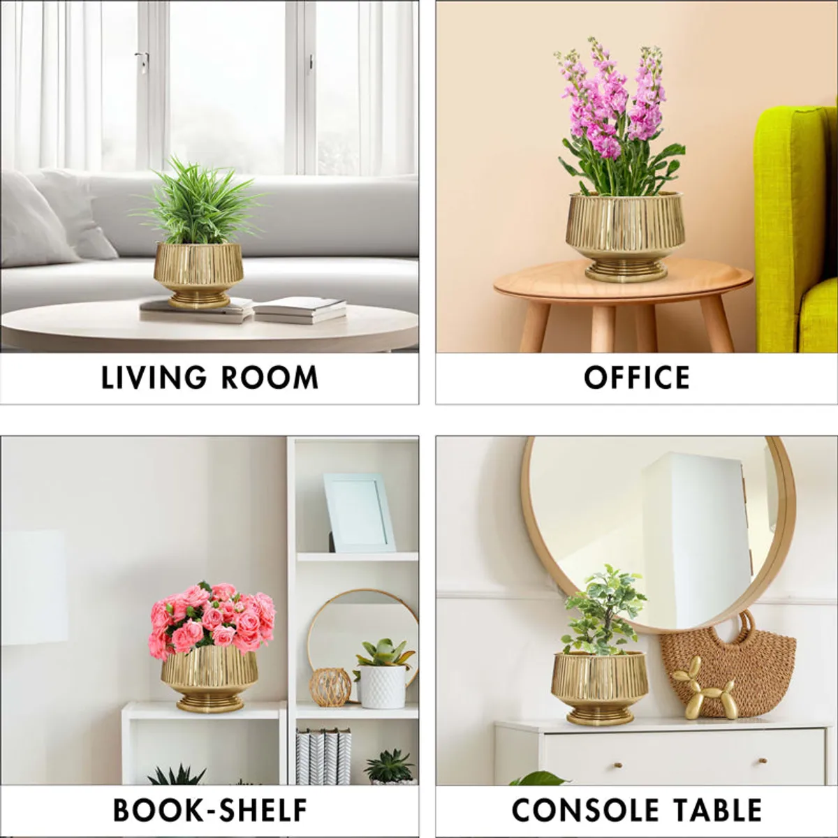 Gold planter styled in a living room, office, bookshelf and console setting.