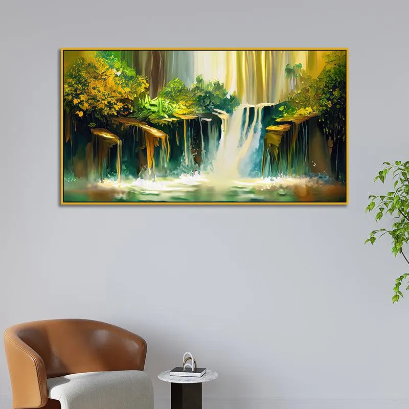 Utopian Waterfalls Landscape Canvas Wall Painting With Frame - Gold media 5