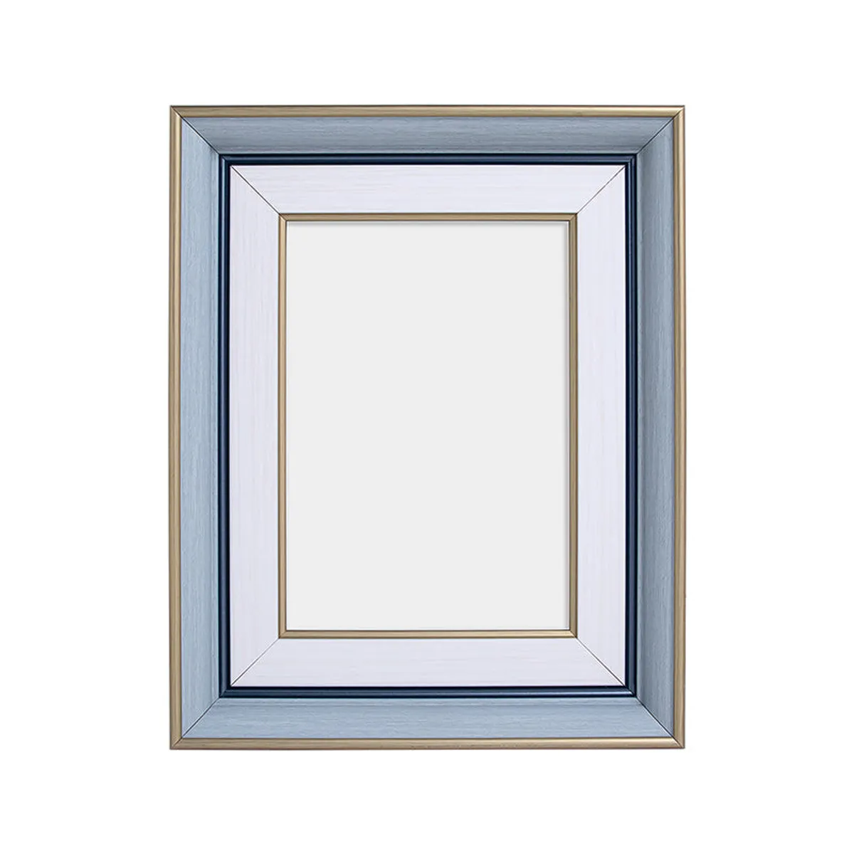 Front view of a blue and white rectangular photo frame on a white background