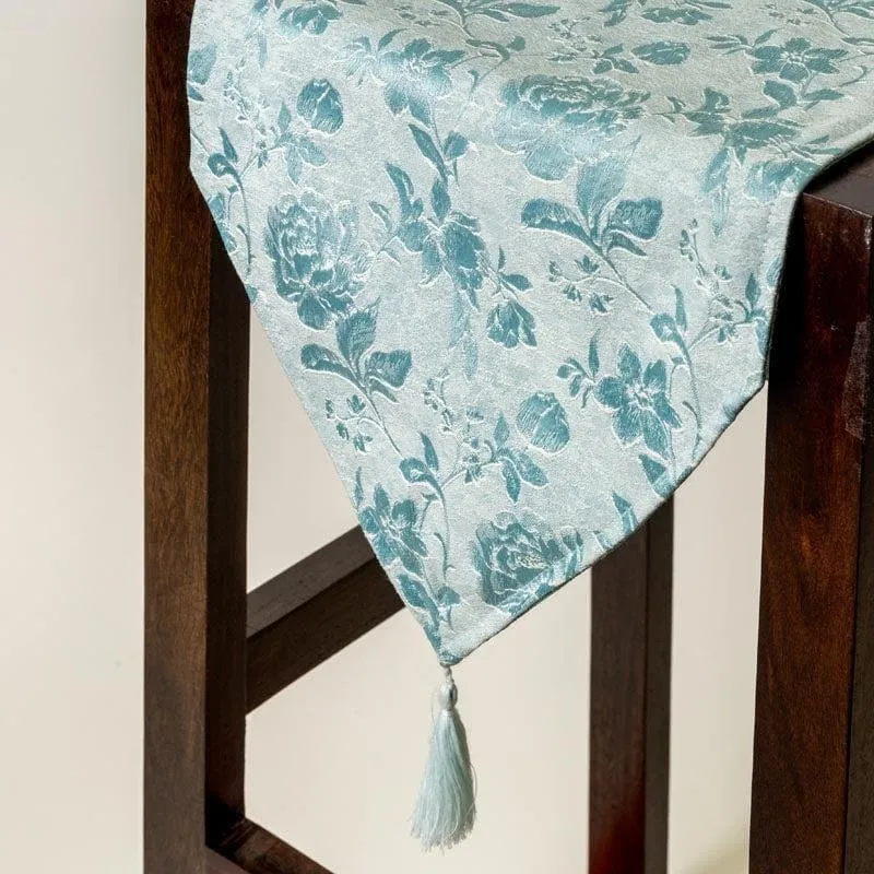 Italian Rose Jacquard Table Runner- Aqua Blue media 3