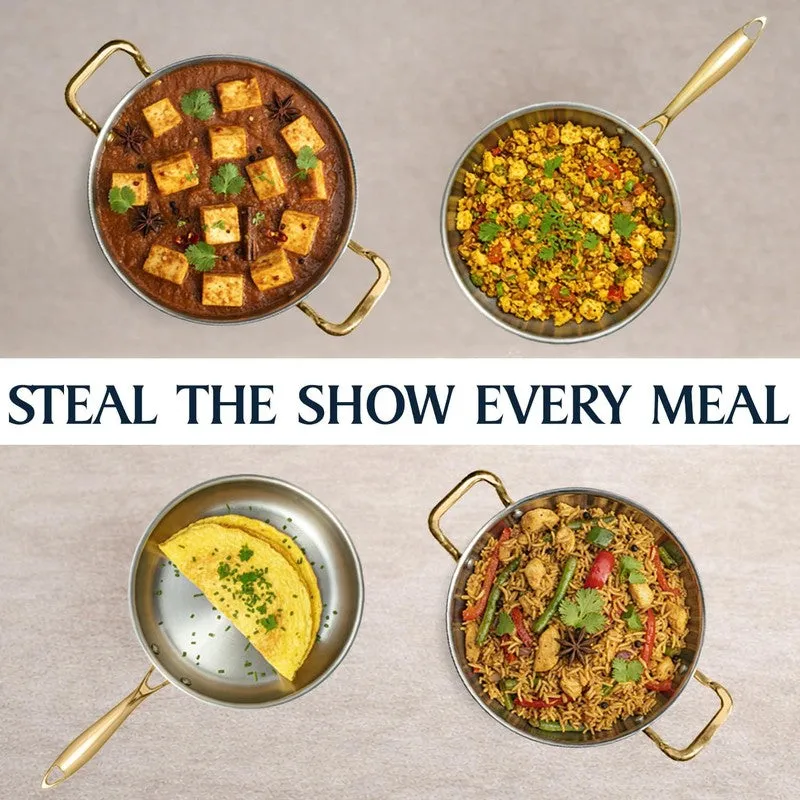 Top view of frying pan and kadhai with cooked dishes