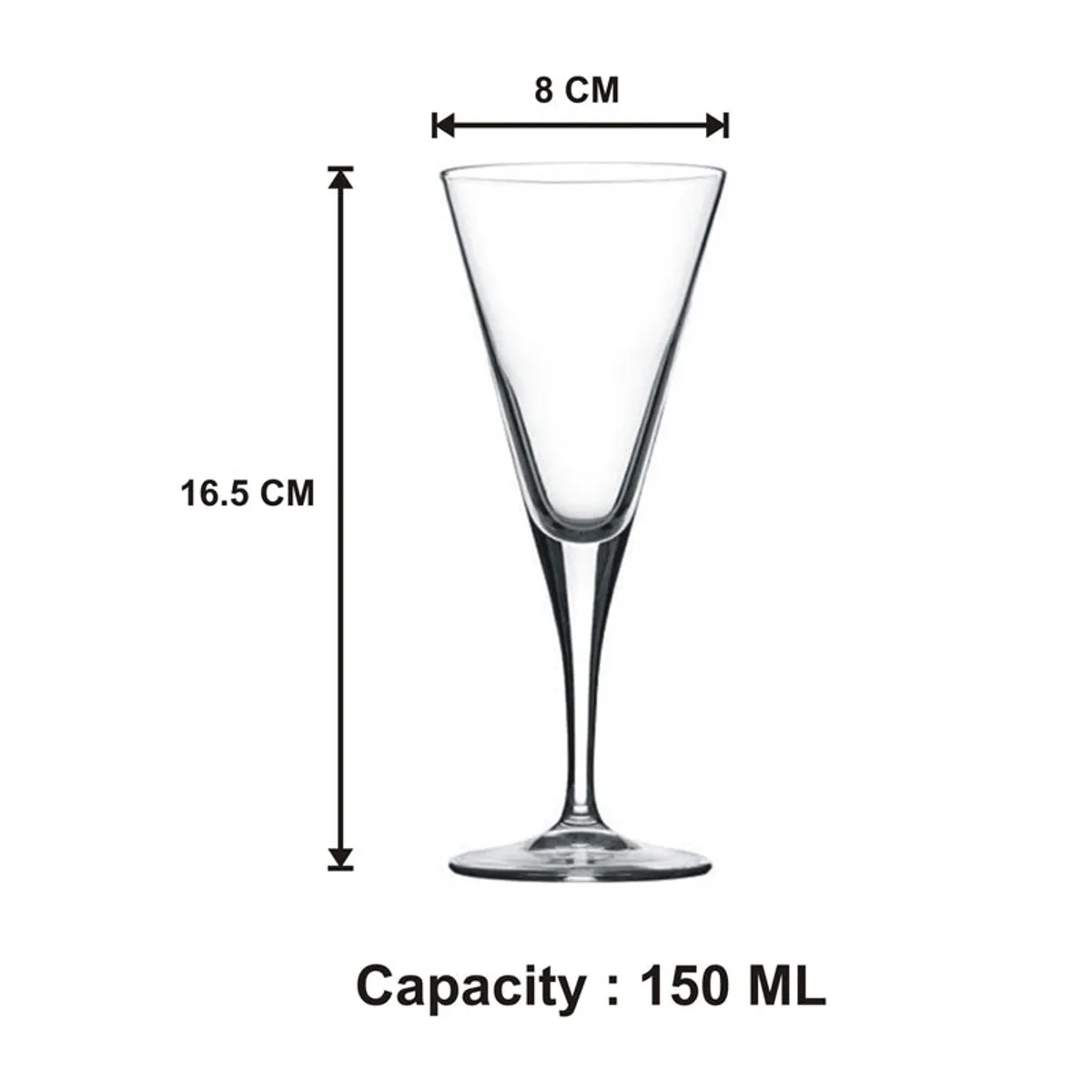 Clear conical stem glass shown with size illustration on a white background