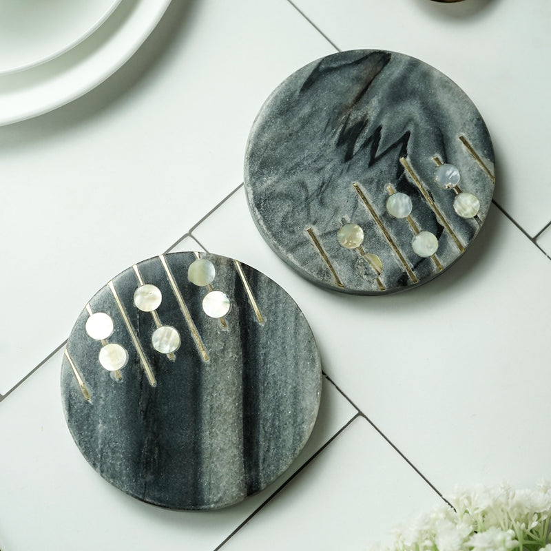 Pearl Charm Marble Coaster With Brass Inlay (Grey) - Set Of Two