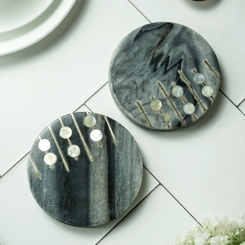 Pearl Charm Marble Coaster With Brass Inlay (Grey) - Set Of Two media 1
