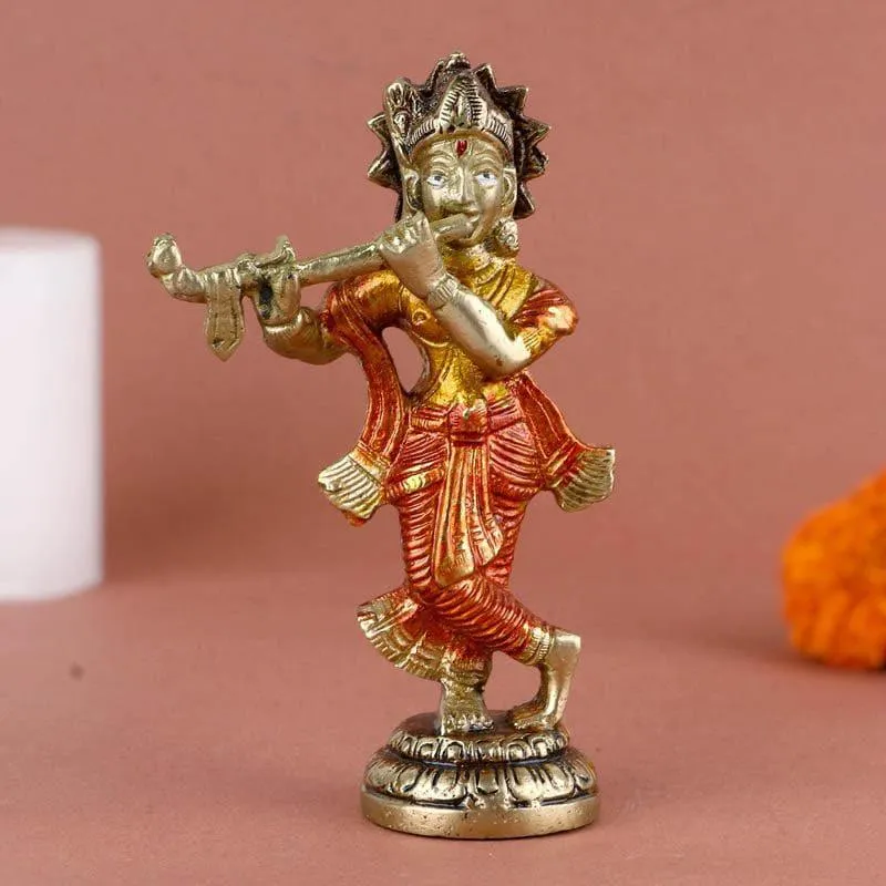 Colourful Krishna Brass Idol With Flute media 1