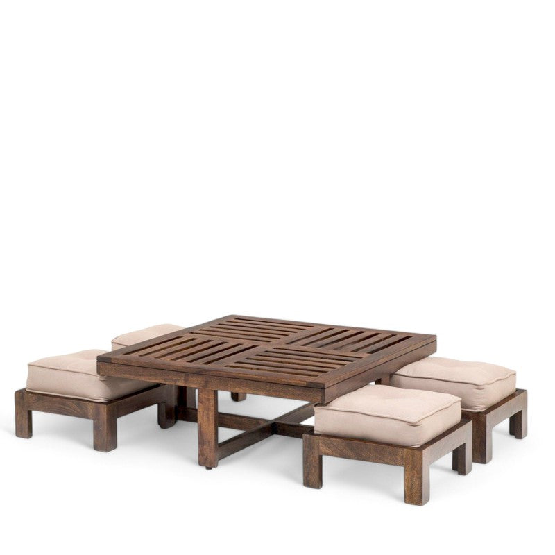 Gaviron Sheesham Wooden Center Table with Stools and Cushions (Dark Brown) - Nine Piece Set media 4