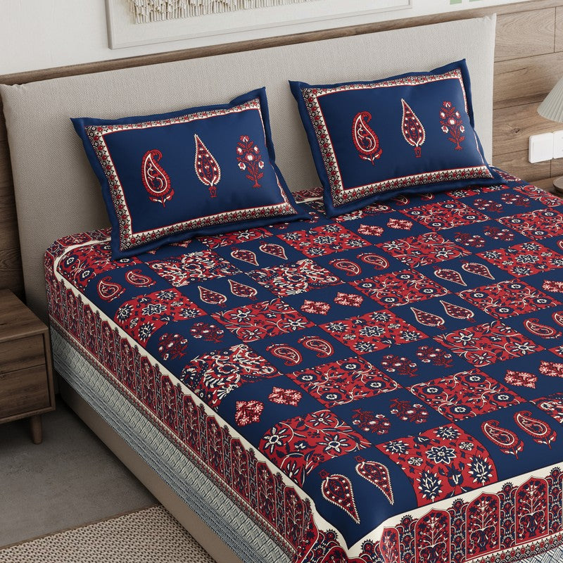 Jaipur Charm Cotton Bedsheet (Blue,Maroon) - 120 TC media 3