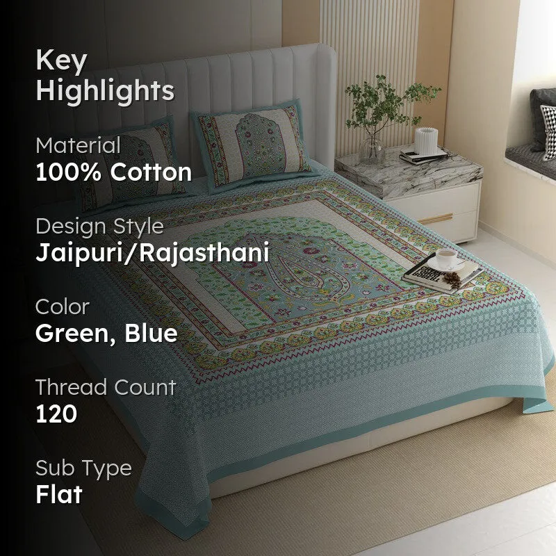 Ethnic Bloomy Cotton Bedsheet (Green,Blue) - 120 TC media 2