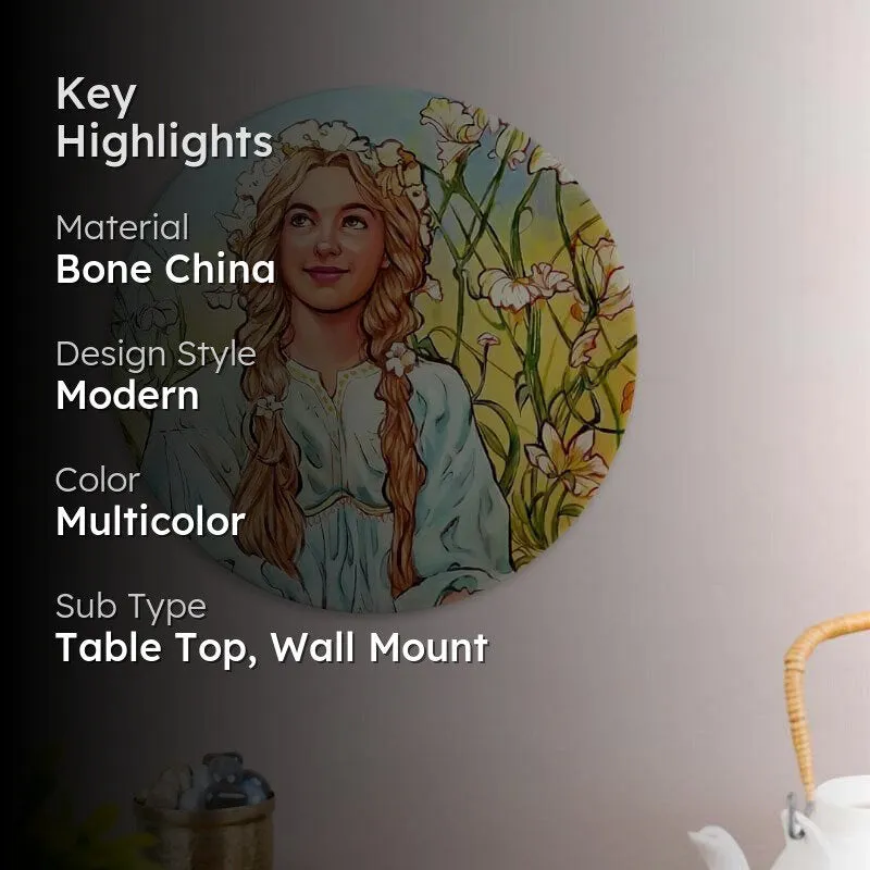 Decorative plate with maiden portrait shown with key highlights overlay