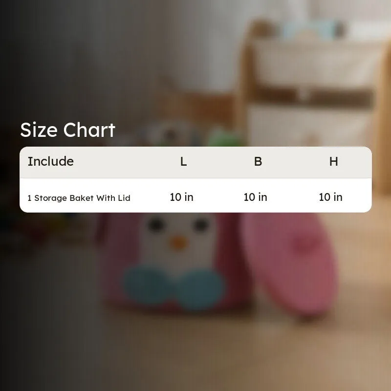 Pink penguin storage basket with lid shown behind a size chart overlay