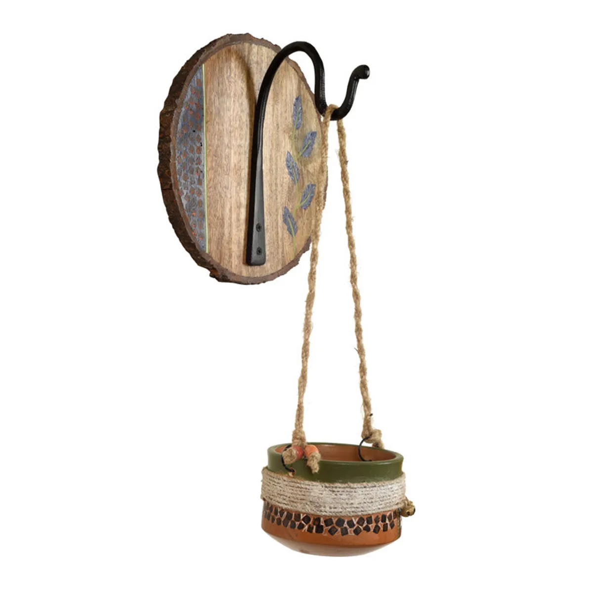 Side view of multicolour hanging planter with black hook and jute suspension