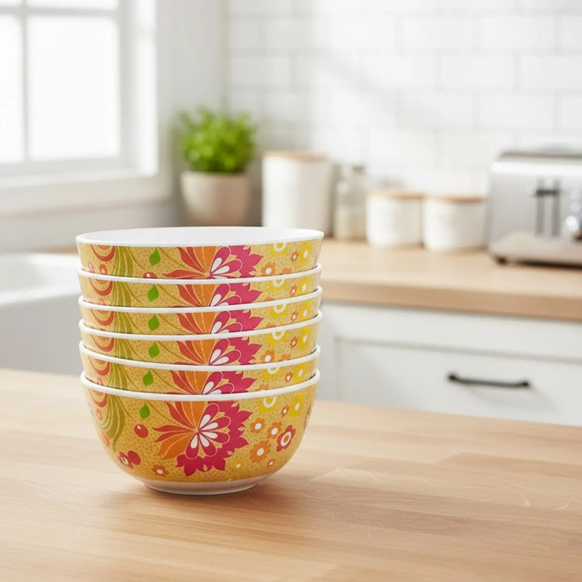 Stack of six yellow and pink floral snack bowls on a kitchen counter