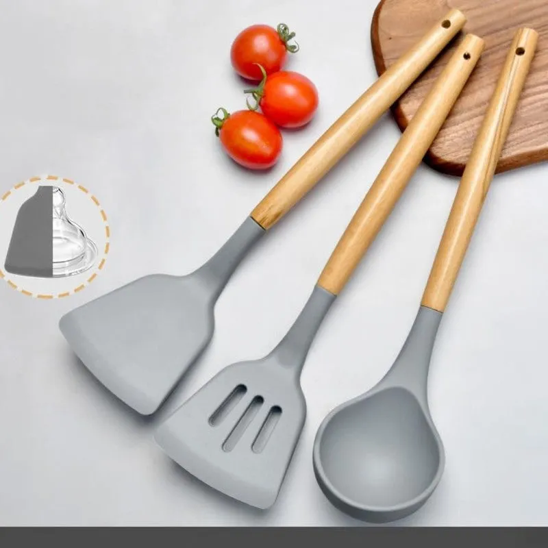 Heat (Resistant Silicone Cooking Utensil Wooden Handles) - Three Piece Set media 4