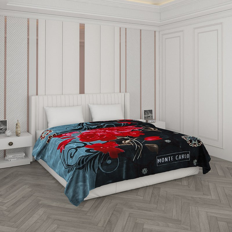 Monte Carlo Crimson Bloom Blanket (Blue,Red) - 1000 GSM - Queen/Double