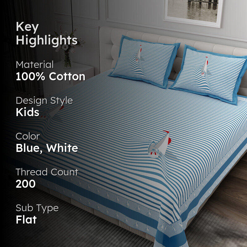 Illusion Stripey Sails Cotton Bedsheet (Blue) - 200 TC media 2