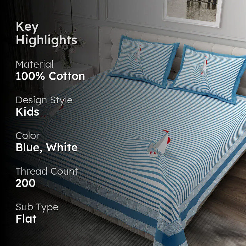 Illusion Stripey Sails Cotton Bedsheet (Blue) - 200 TC media 2