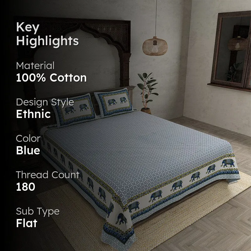 Gaj Ethnic Cotton Bedsheet (Blue) - 180 TC media 2