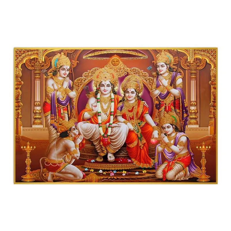 Sita Rama Darbar Spiritual Canvas Wall Painting With Frame - Gold media 3