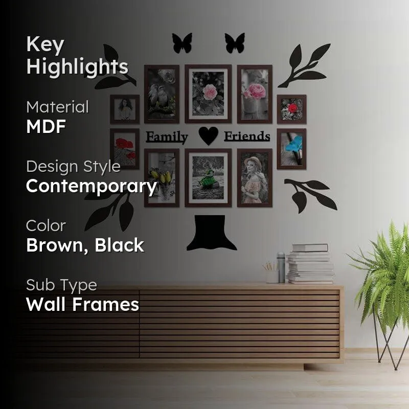 Brown and black tree-shaped photo frame collage displayed in a contemporary room