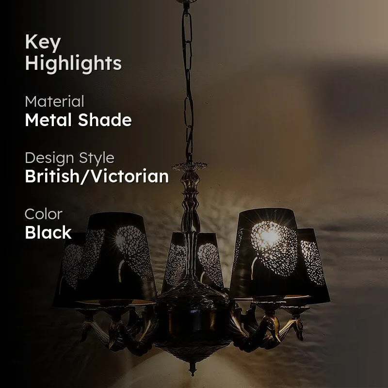Lit black chandelier shown with a dark text panel on the left
