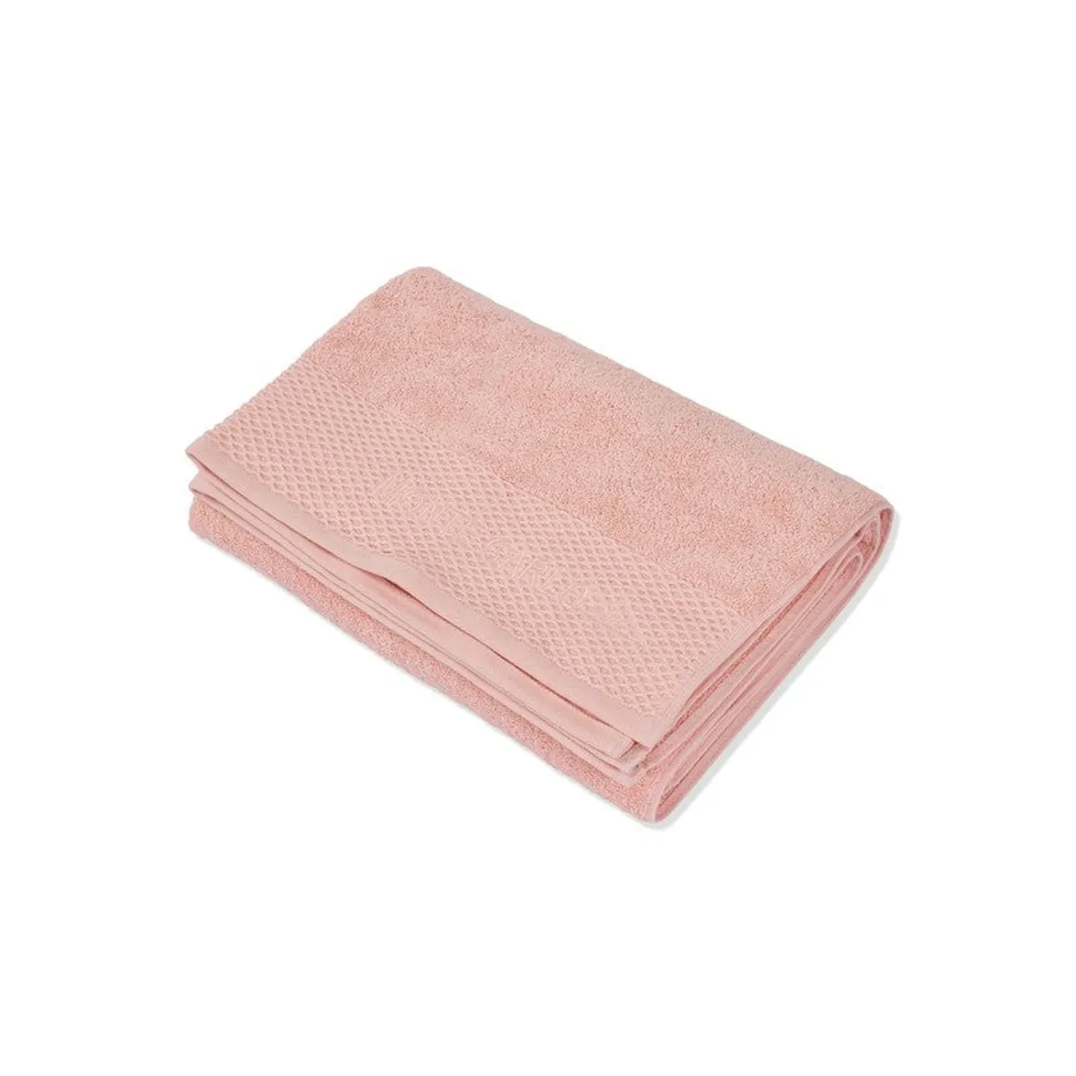 Folded light pink bath towel displayed against a white background