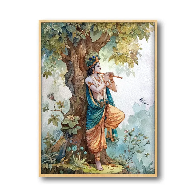Sri Krishna Charming Fluit Playing Archival Paper Wall Art - Natural Brown Frame media 5
