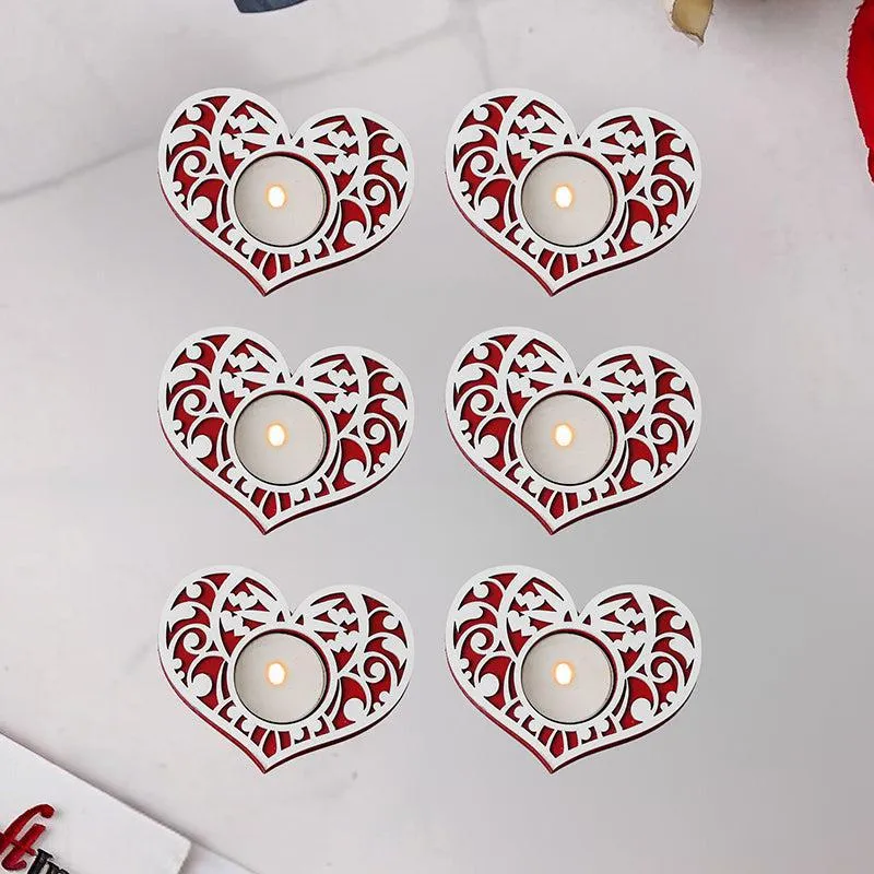 Intricate Heart Wood Tea Light Holder (Red) - Set Of Six media 1