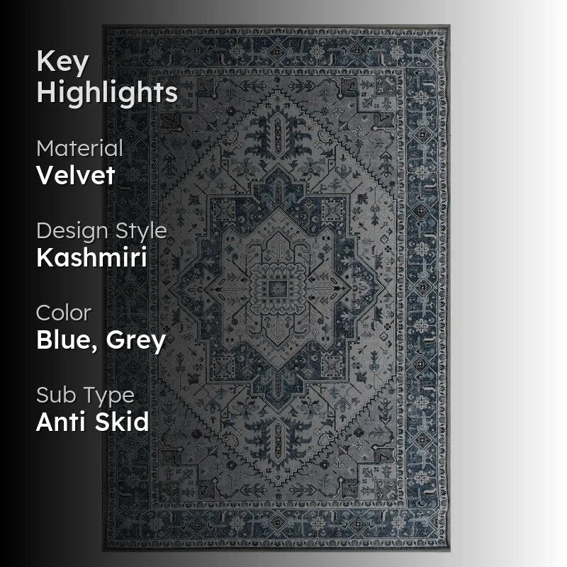 Blue and grey rectangular carpet with key highlights text overlay