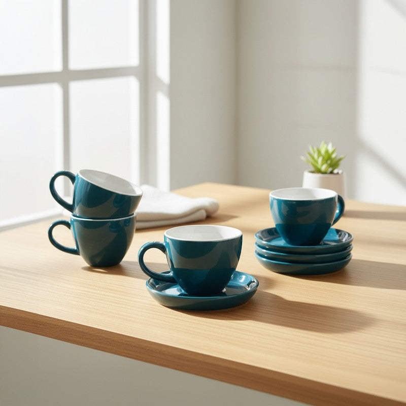 Ceramic Cup & Saucer (Deep Green/180 mL Each) - Set of Four