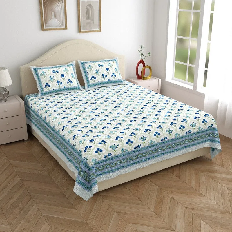 Heritage Touch Cotton Bedsheet (White,Blue) - 120 TC media 1