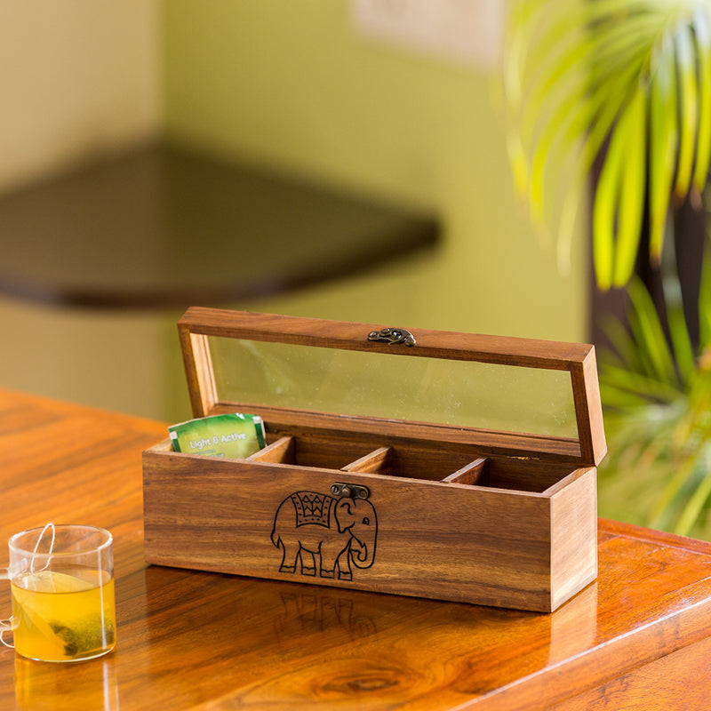 Tea Tusk Hand Carved Multi-Utility Sheesham Wood Tea Box
