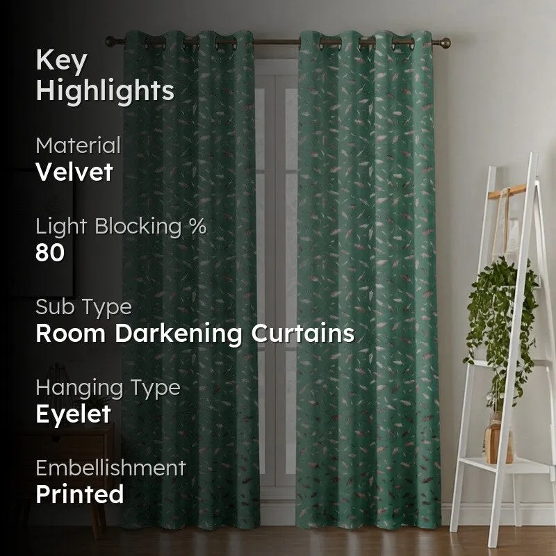 Shimmer Veil Printed Velvet Curtain (Sea Green,Gold) - Set Of Two media 2