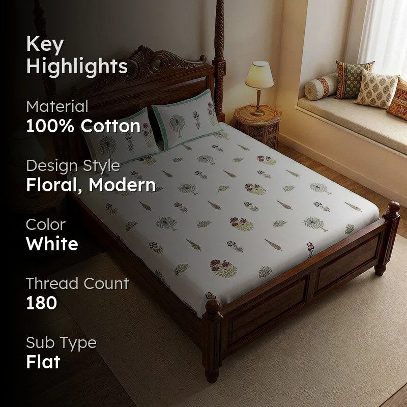Gulshan Cotton Bedsheet (White, Light Green) - 180 TC media 2