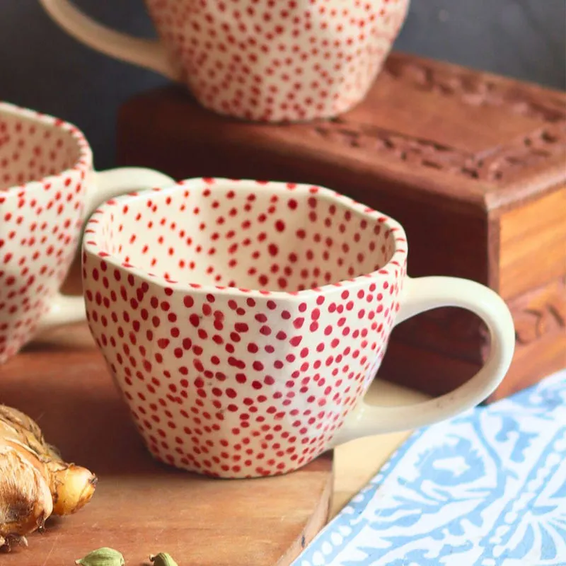Polka Ceramic Tea Cup (230 mL)/White,Red) media 4