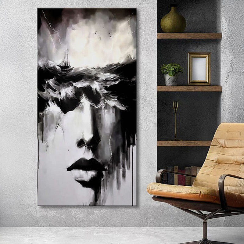 Surreal Face In Ocean Waves Poly Canvas Wall Painting