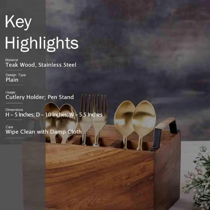 Brown cutlery holder styled with utensils against a dark backdrop