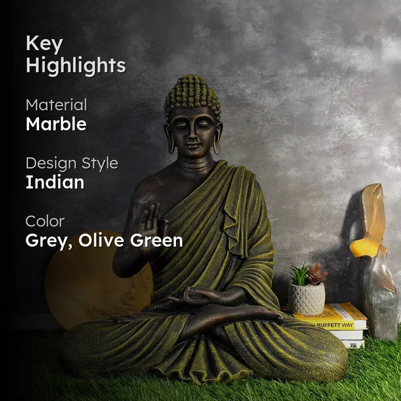 Buddha idol shown with its marble, style and colour highlights