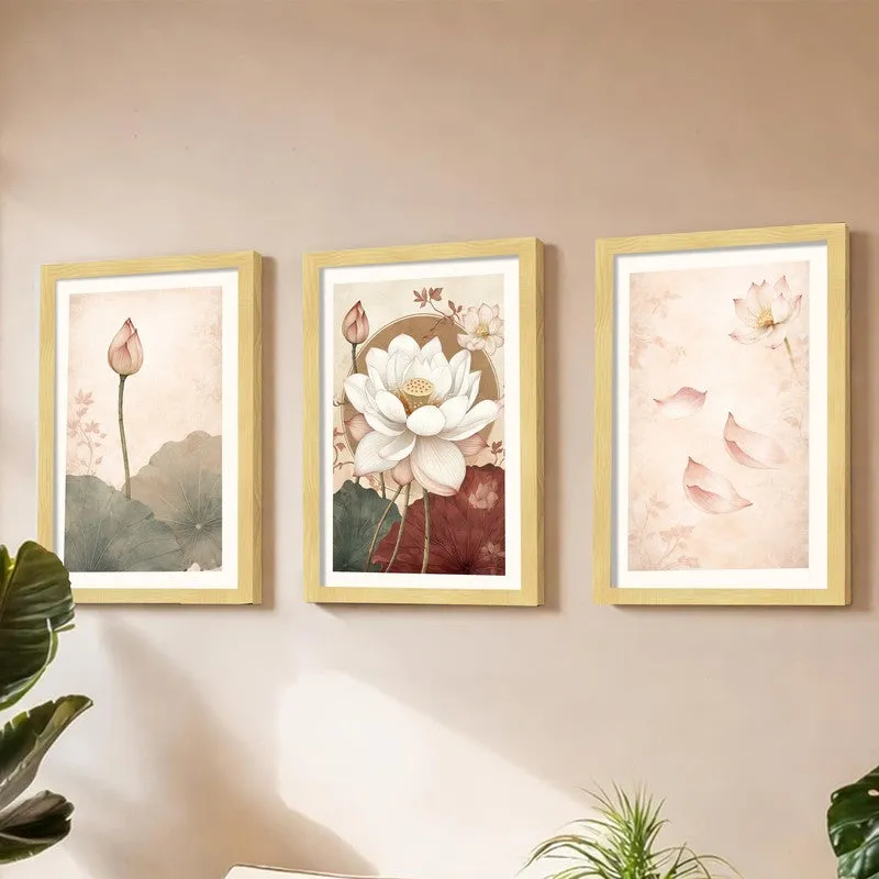 Blooming Lotus Paper Wall Painting With Frame - Set Of Three media 3