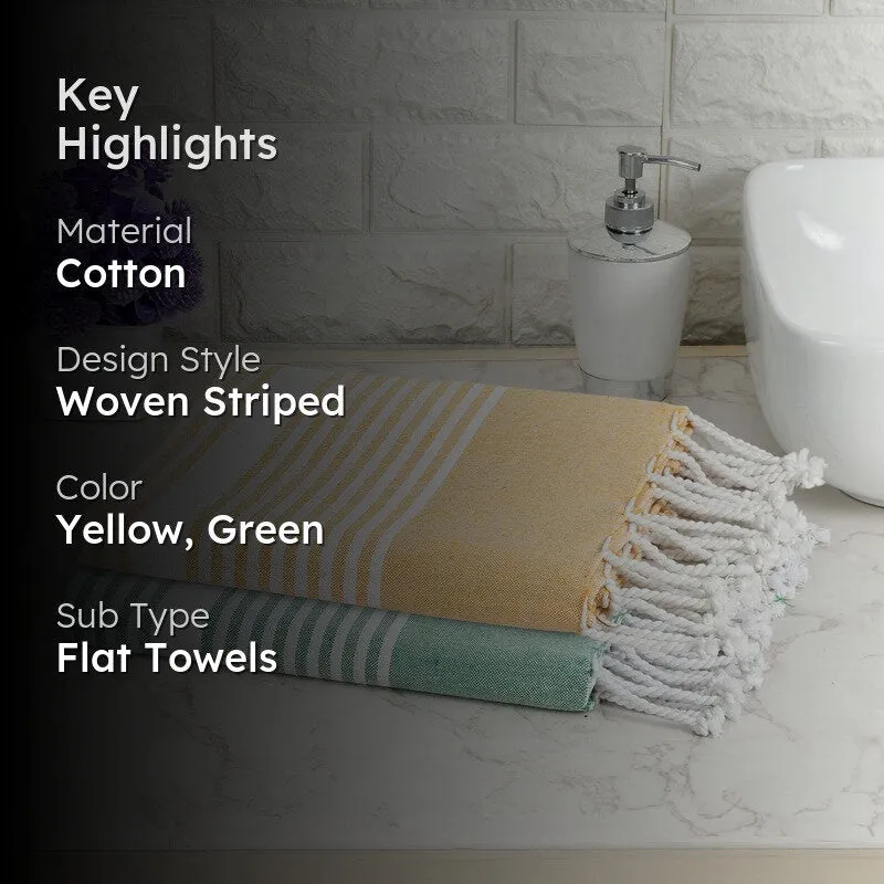 Loomera Striped Cotton Bath Towels (Yellow & Green) - Set Of Two media 2