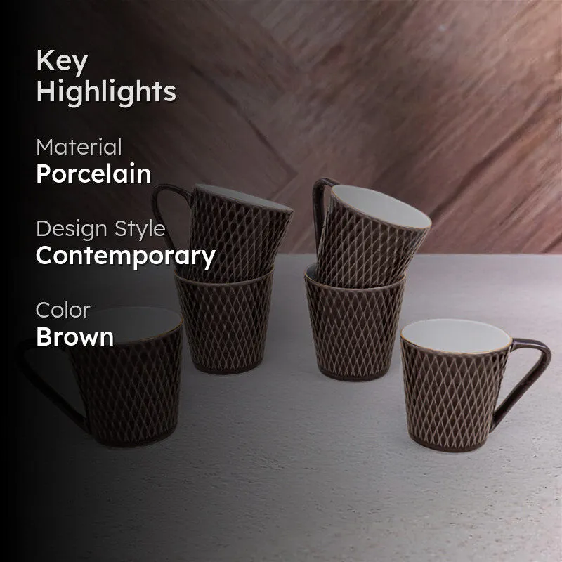 Bruna Porcelain Tea Cup (180 mL Each)/Brown)- Set of Six media 2