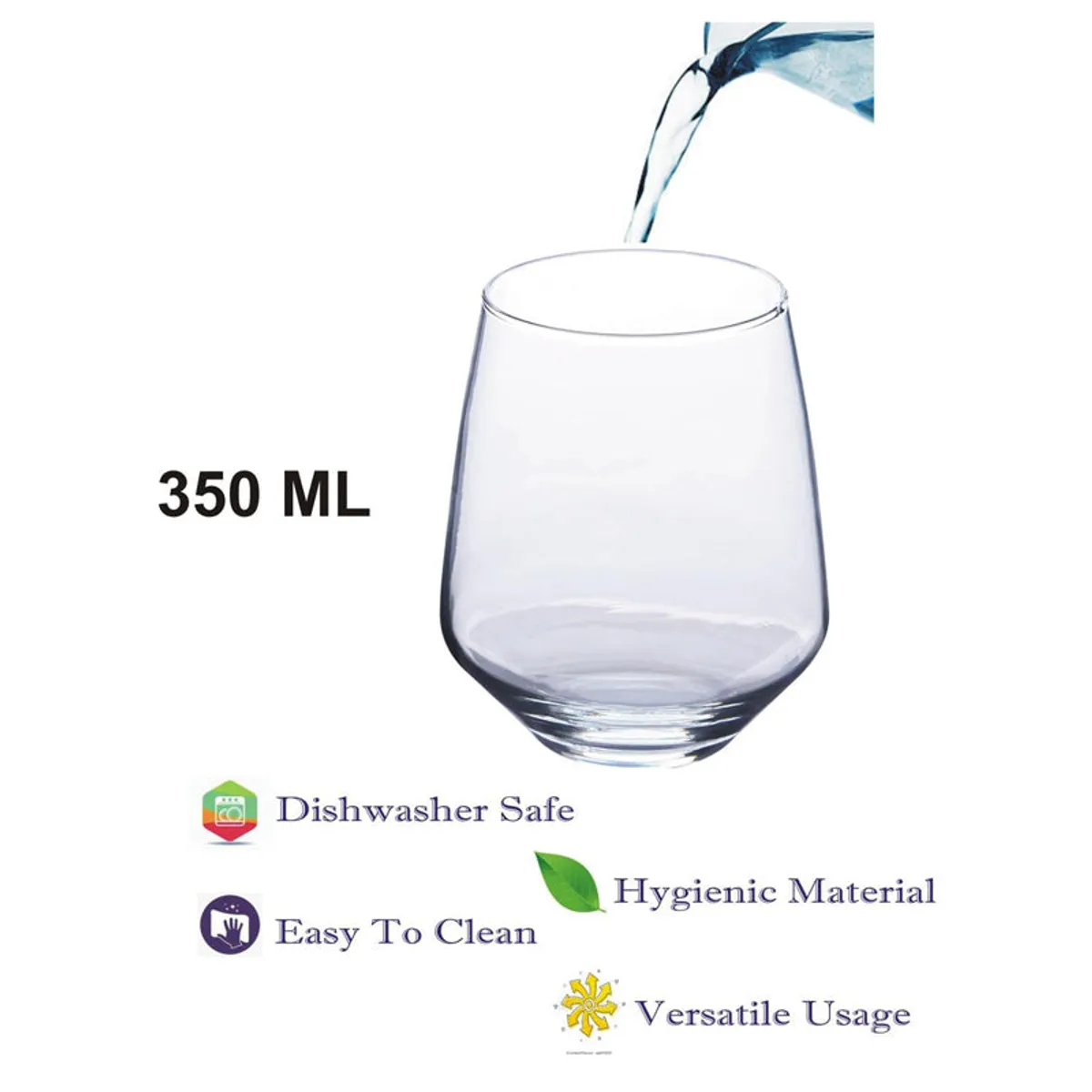 Transparent 350 mL glass shown while water is being poured in