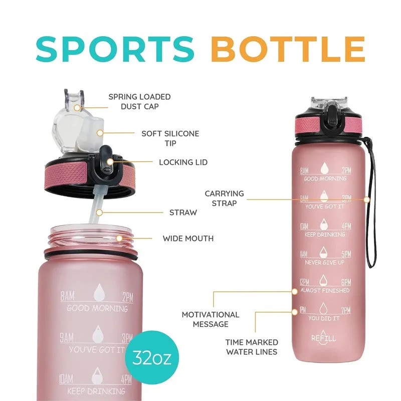 Pink sports bottle with flip lid, strap and time-marker design
