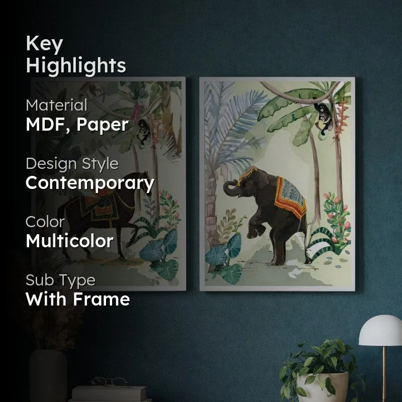 Jungle Greens Paper Wall Painting With MDF Frame - Set Of Two media 2