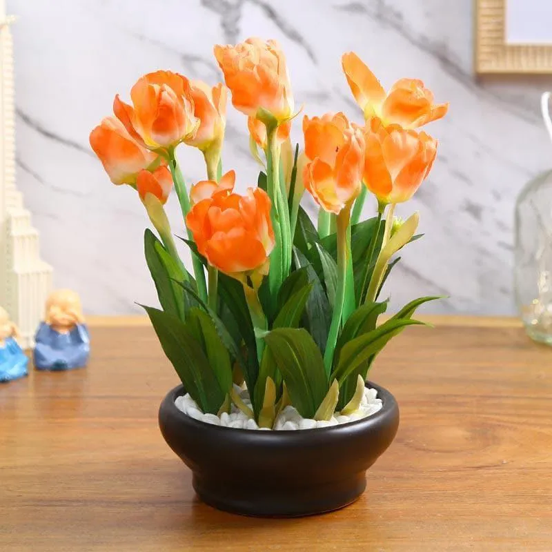 Faux Tulip Artificial Bonsai Plant In Ceramic Pot (26 cms) - Orange media 1