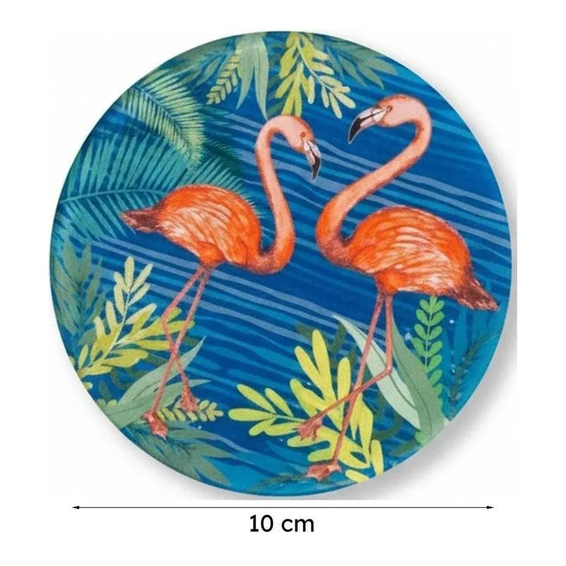 Single round blue coaster featuring two flamingos and leafy foliage