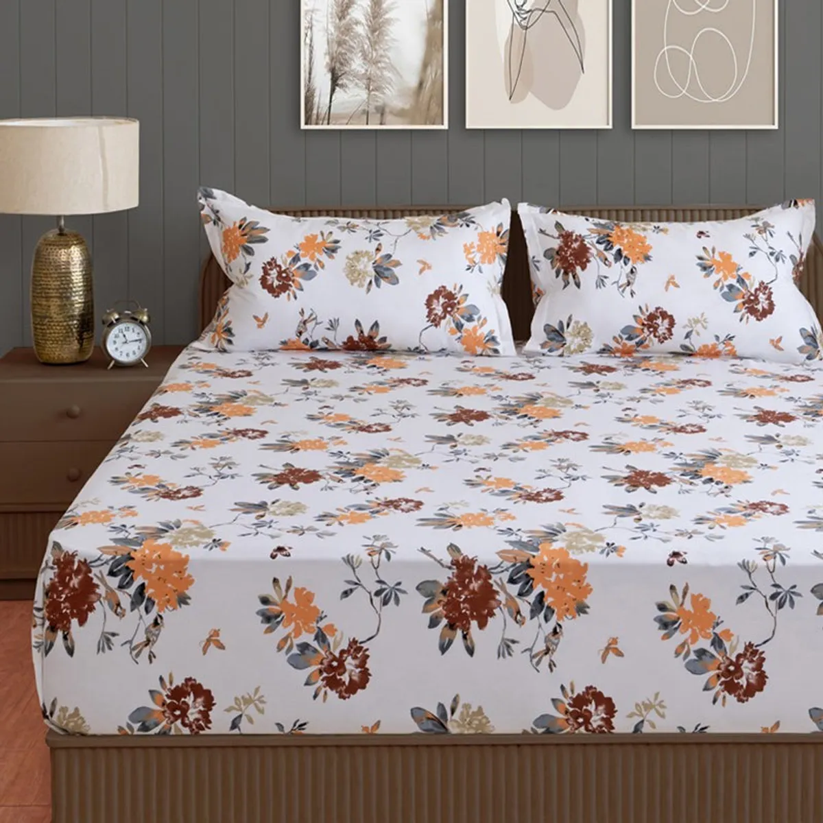 Front view of white bedsheet with scattered floral pattern