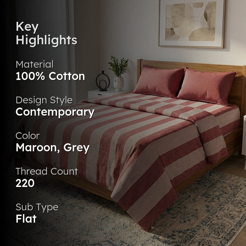 Stripe Story Cotton Bedsheet (Maroon) - 220 TC media 2