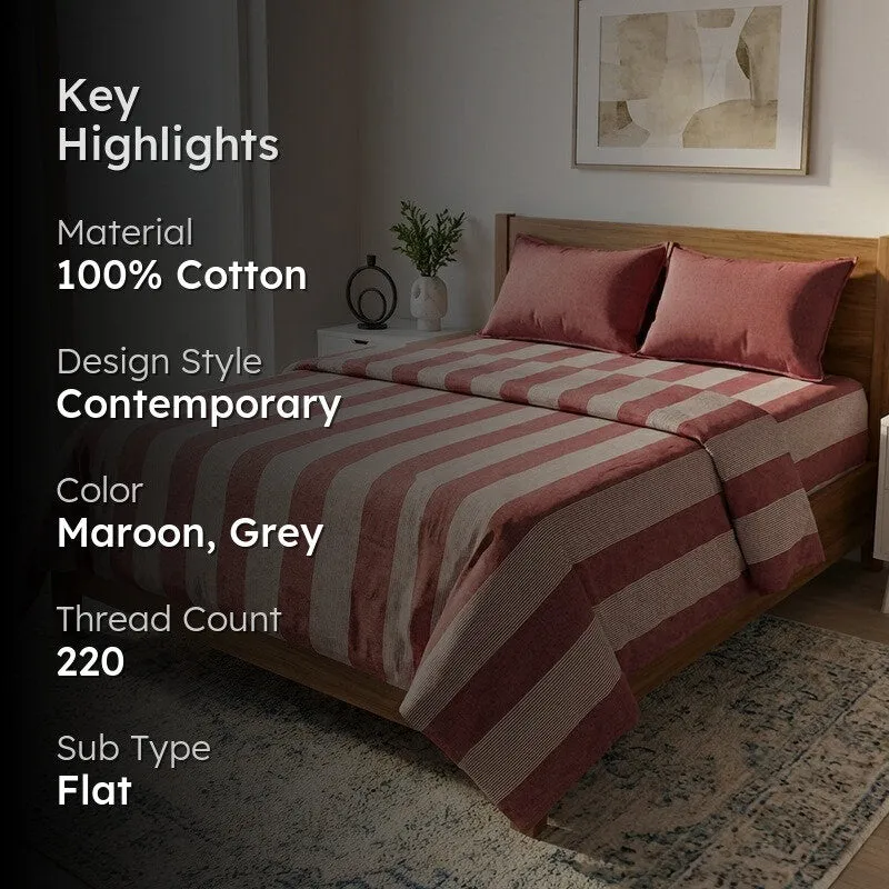 Stripe Story Cotton Bedsheet (Maroon) - 220 TC media 2