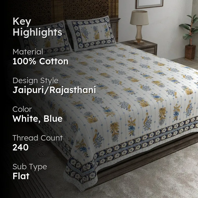 Heritagea Cotton Bedsheet (White,Blue) - 240 TC media 2
